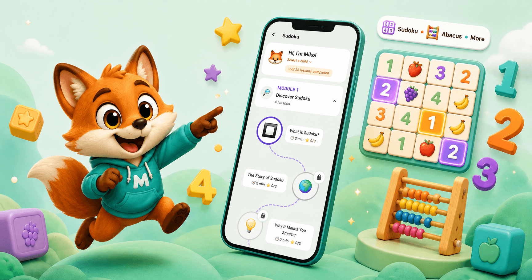 Miko the fox guiding a child through the Klayons Learn Sudoku lesson path, next to a fruit-themed Sudoku grid